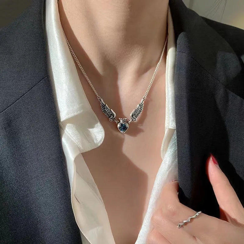 Crystal Crown Pendant Angel Wing Necklace