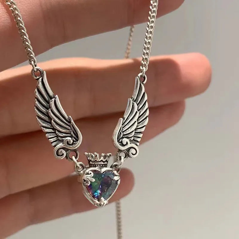 Crystal Crown Pendant Angel Wing Necklace