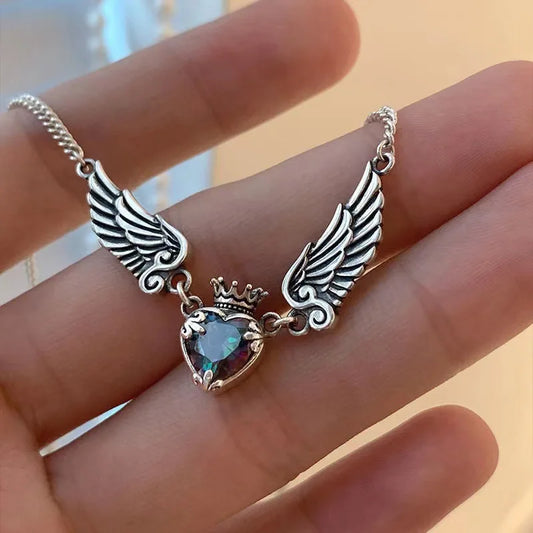 Crystal Crown Pendant Angel Wing Necklace
